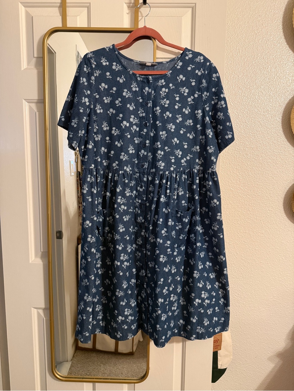 Navy Blue Floral Denim Button-Front Dress